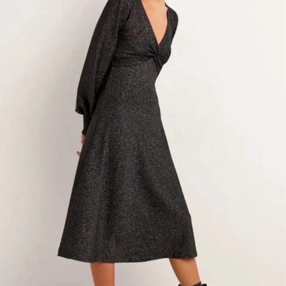 BODEN NWT Black Silver Sparkle Long Sleeve V-Neck Ruched Midi Party Dress Sz 12 - Picture 3 of 16